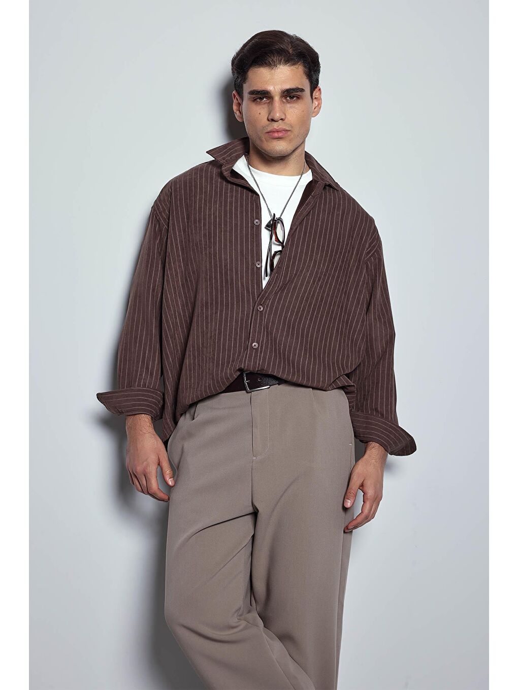 Erkek Oversize Çizgili Uzun Kollu Gömlek Kahverengi-5