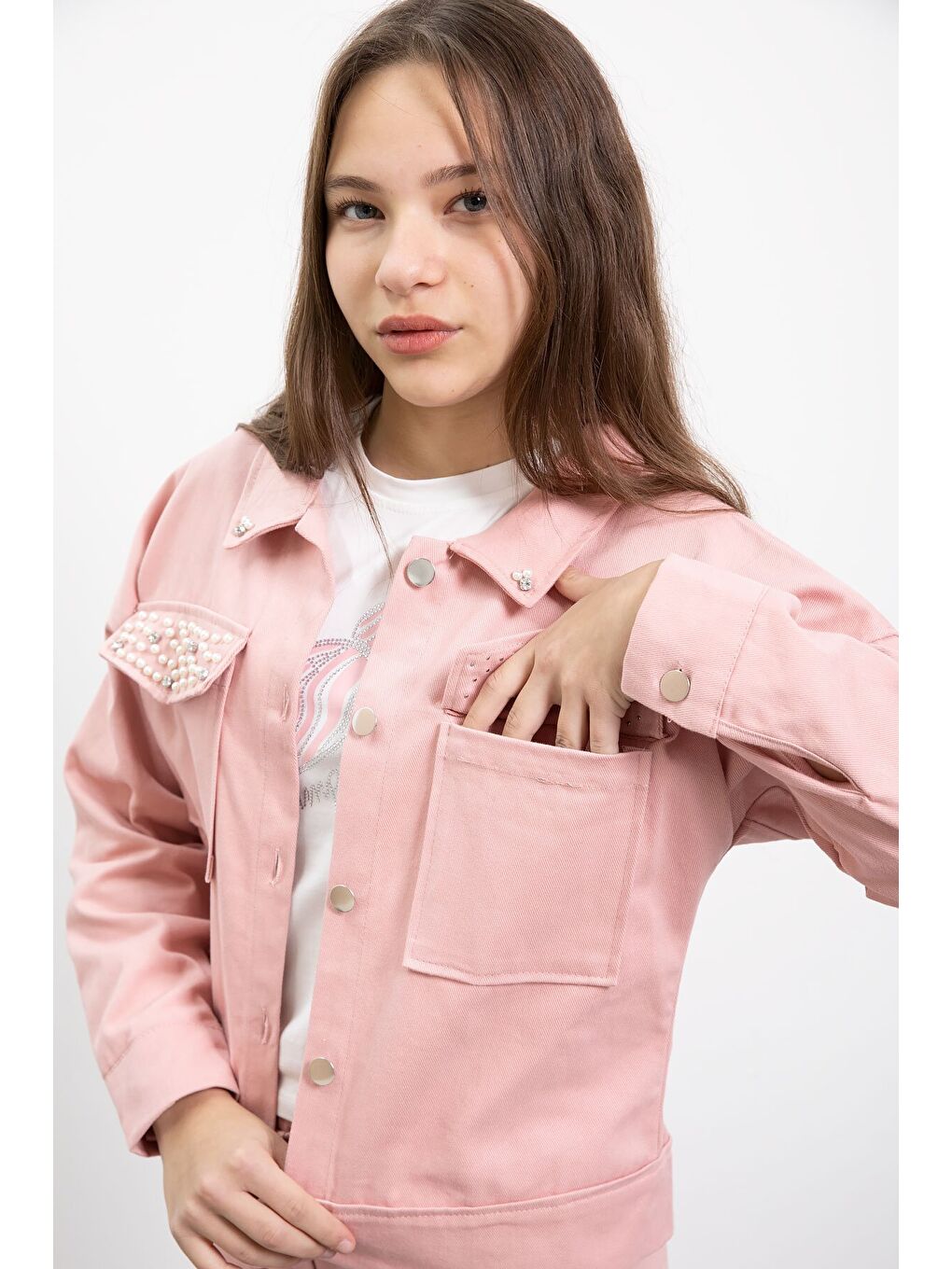 Pembe İnci Detaylı Jean Ceketli Kız Çocuk 3lü Pantolonlu Takım 23481-3