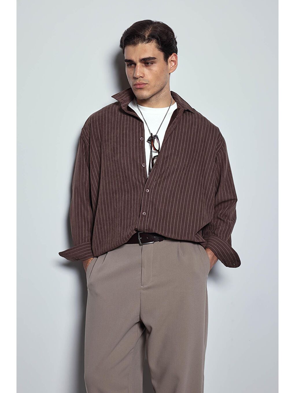 Erkek Oversize Çizgili Uzun Kollu Gömlek Kahverengi-6