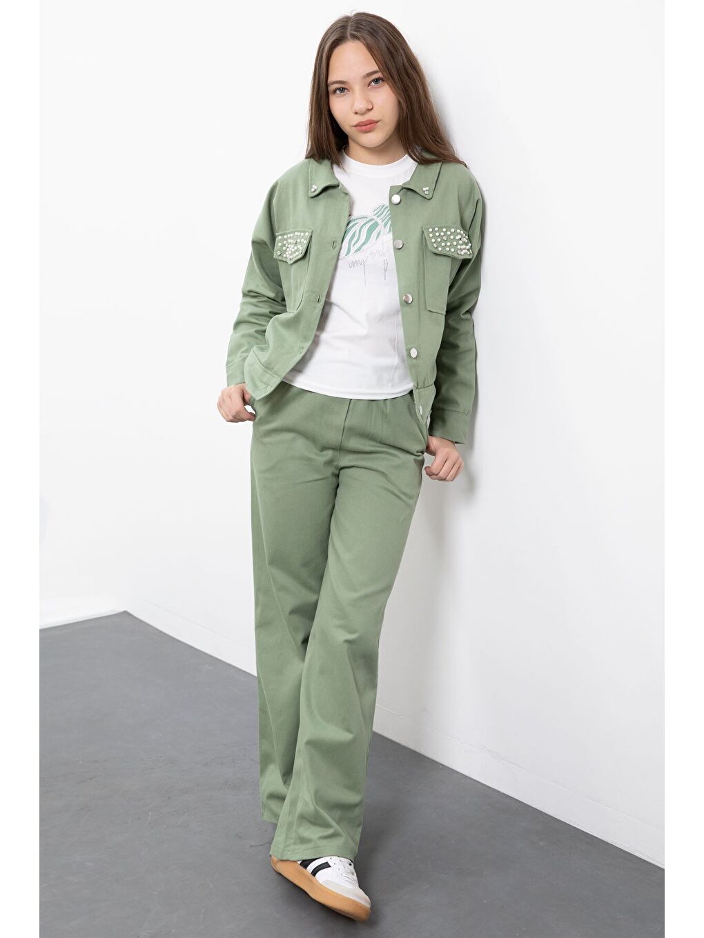 Yeşil İnci Detaylı Jean Ceketli Kız Çocuk 3lü Pantolonlu Takım 23482