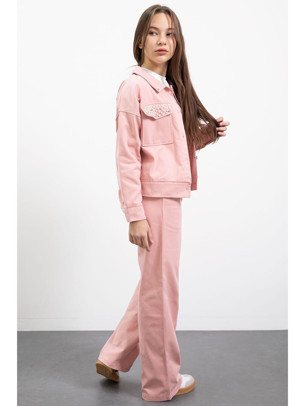 Pembe İnci Detaylı Jean Ceketli Kız Çocuk 3lü Pantolonlu Takım 23481-4