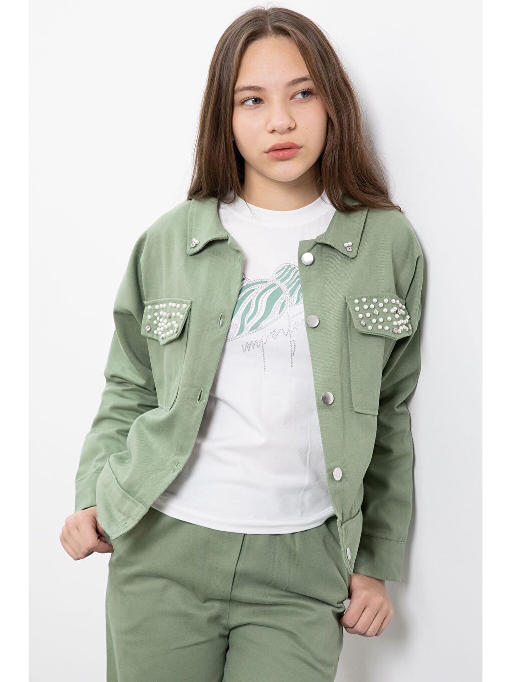 Yeşil İnci Detaylı Jean Ceketli Kız Çocuk 3lü Pantolonlu Takım 23482-1