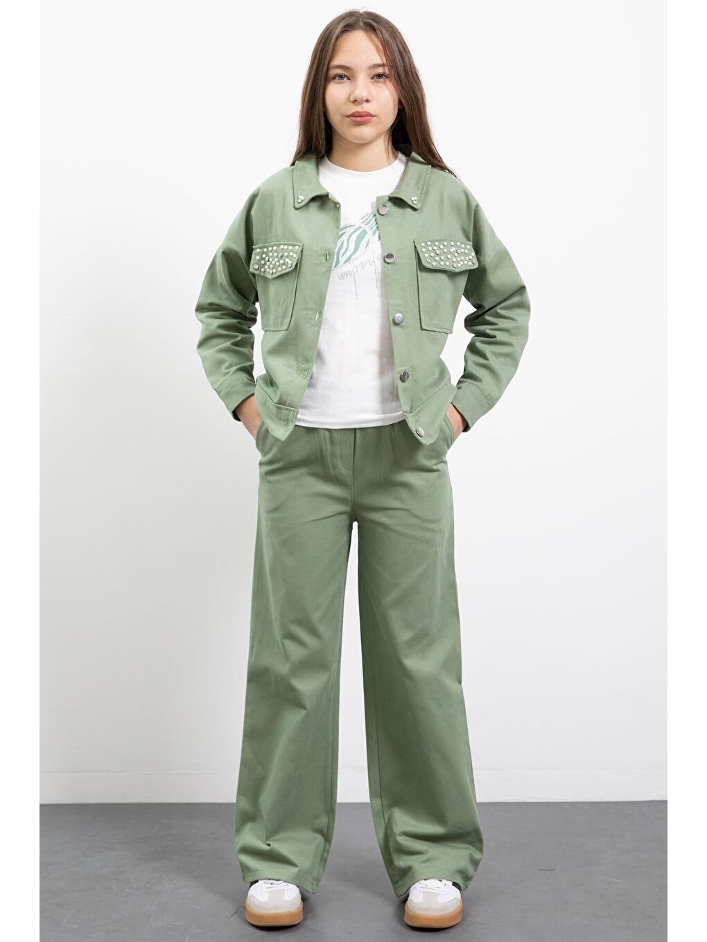 Yeşil İnci Detaylı Jean Ceketli Kız Çocuk 3lü Pantolonlu Takım 23482-2