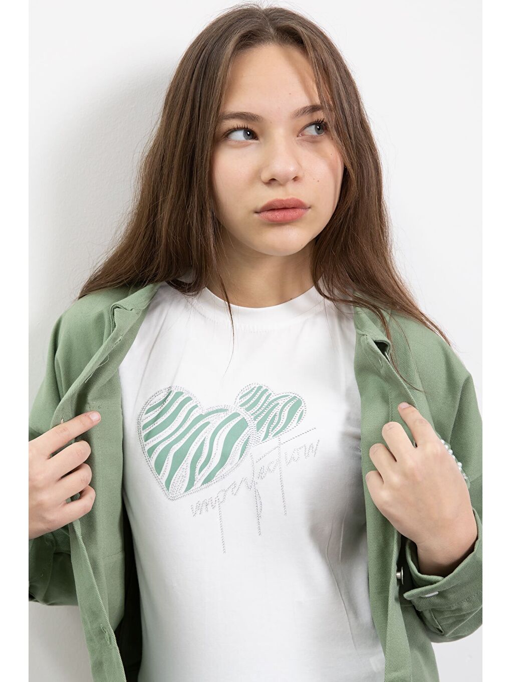 Yeşil İnci Detaylı Jean Ceketli Kız Çocuk 3lü Pantolonlu Takım 23482-3