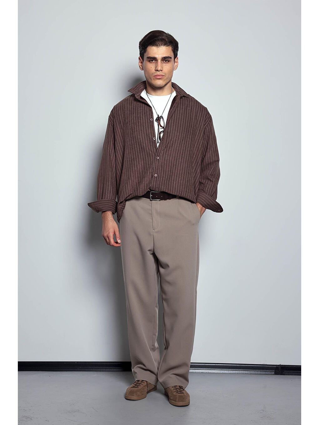 Erkek Oversize Çizgili Uzun Kollu Gömlek Kahverengi-7