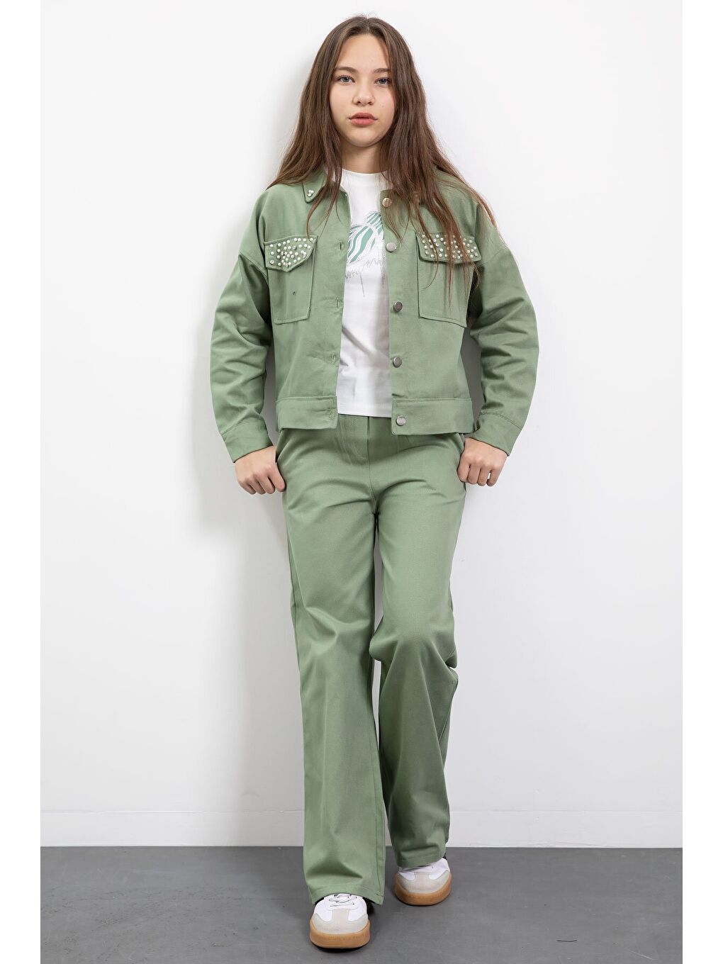 Yeşil İnci Detaylı Jean Ceketli Kız Çocuk 3lü Pantolonlu Takım 23482-4