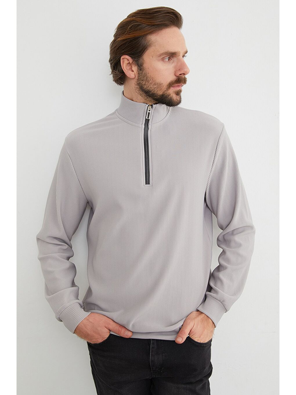 Gri Fitilli Yarım Fermuarlı Büyük Beden Sweatshirt-4