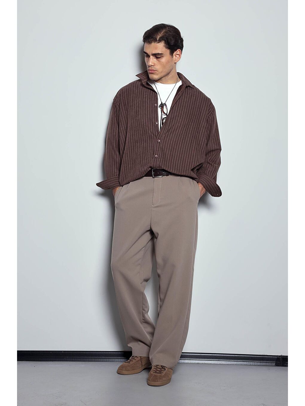 Erkek Oversize Çizgili Uzun Kollu Gömlek Kahverengi-8
