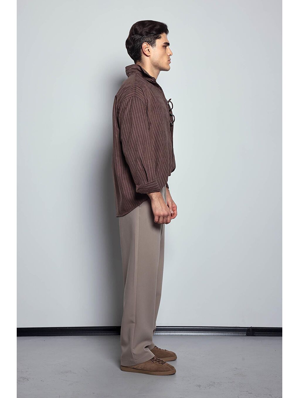 Erkek Oversize Çizgili Uzun Kollu Gömlek Kahverengi-9