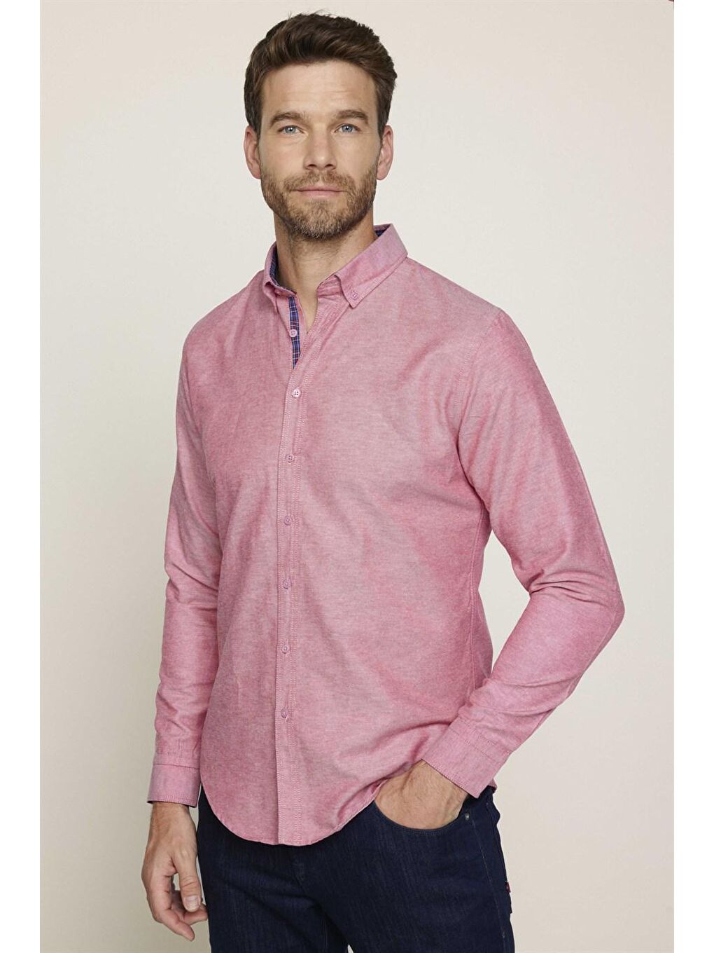 Pembe Slim Fit Düğmeli Yaka Pamuklu Kolay Ütü Düz Erkek Gömlek