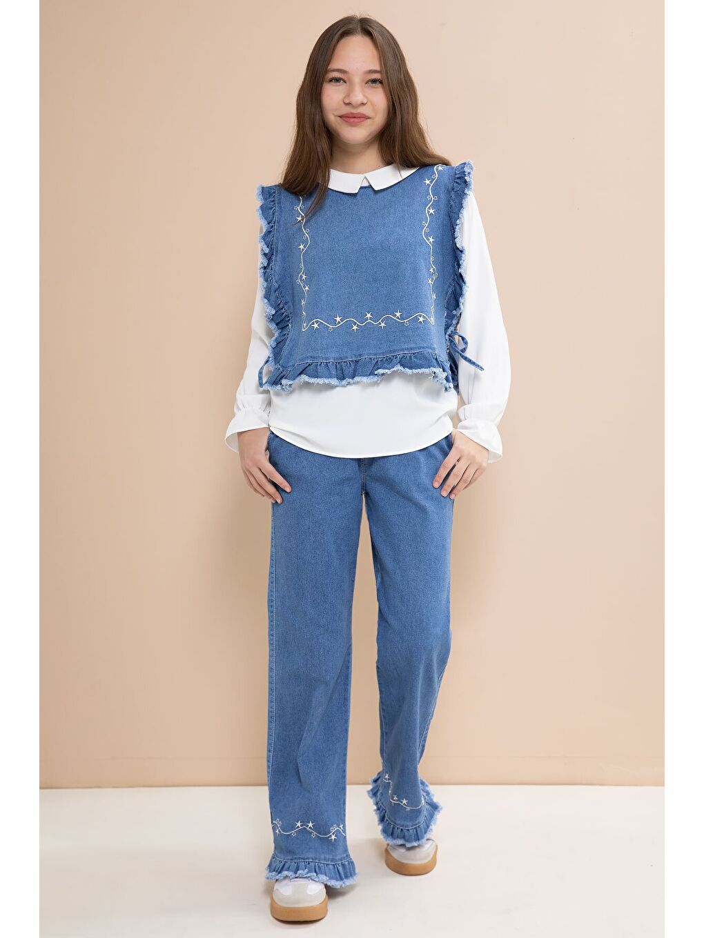 Mavi Nakışlı Jean Süveterli Püsküllü Pantolonlu 3lü Kız Çocuk Jean Takım 23483