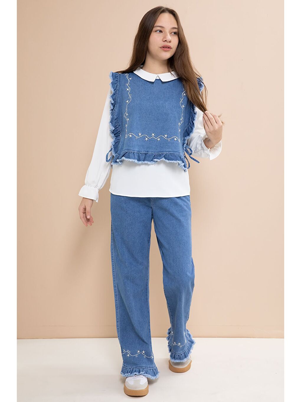 Mavi Nakışlı Jean Süveterli Püsküllü Pantolonlu 3lü Kız Çocuk Jean Takım 23483-1