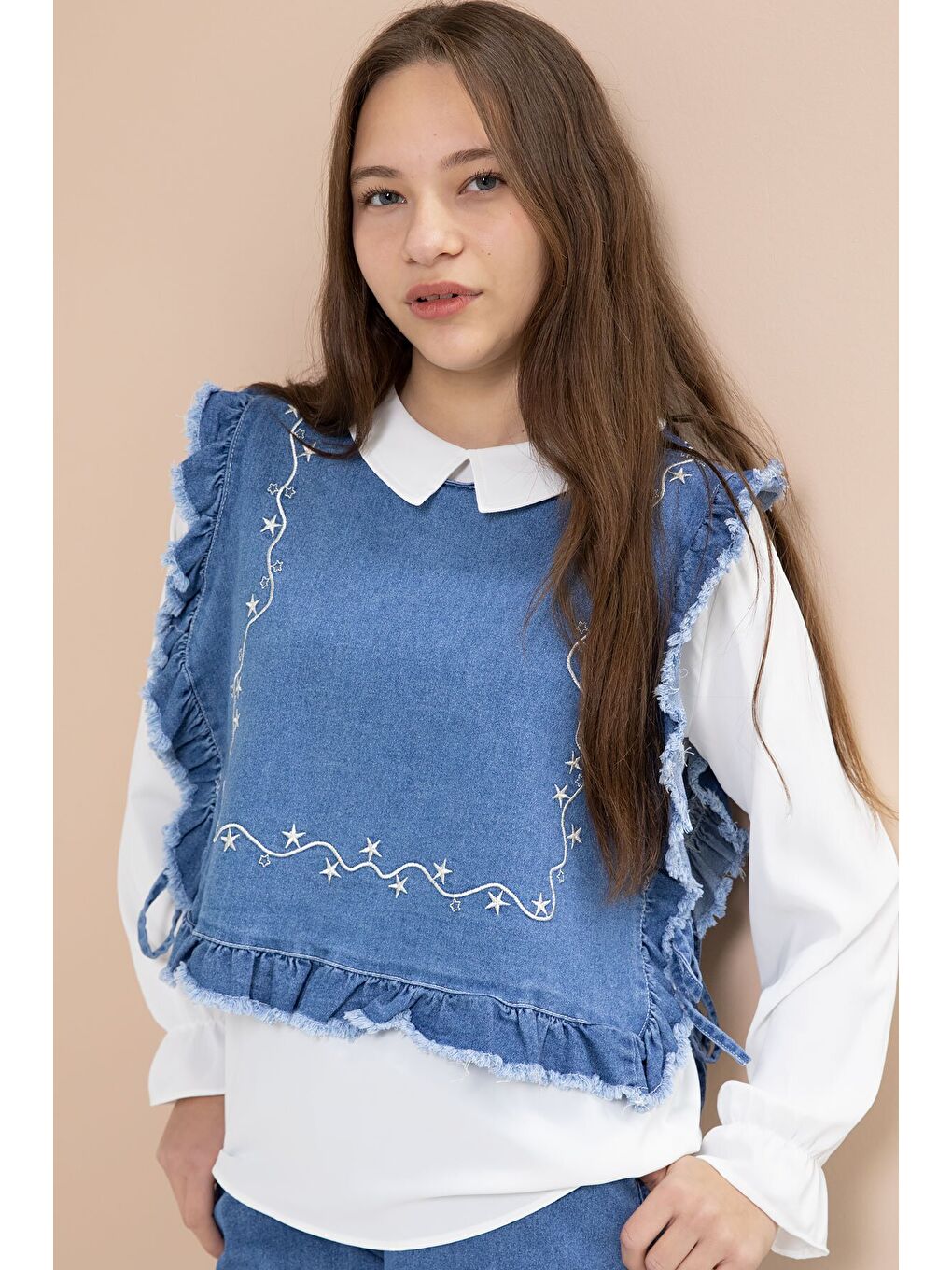 Mavi Nakışlı Jean Süveterli Püsküllü Pantolonlu 3lü Kız Çocuk Jean Takım 23483-2