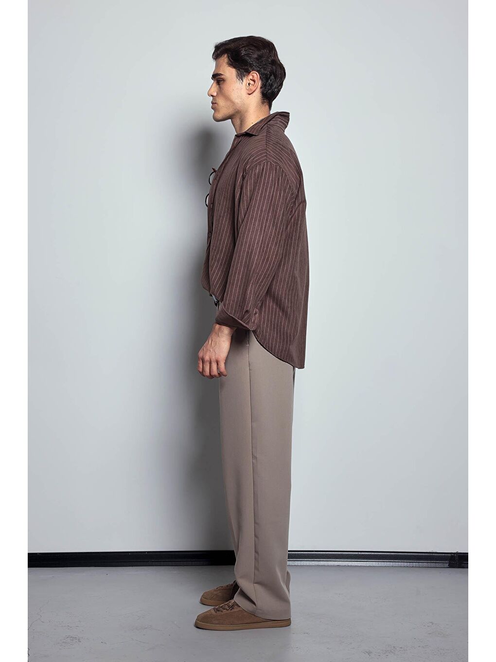 Erkek Oversize Çizgili Uzun Kollu Gömlek Kahverengi-10