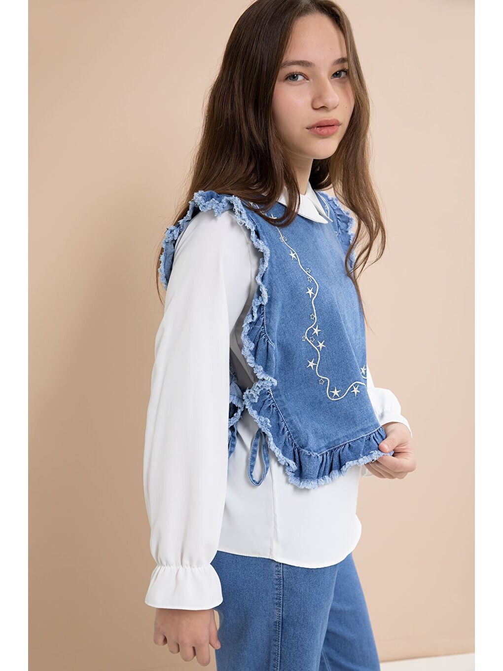 Mavi Nakışlı Jean Süveterli Püsküllü Pantolonlu 3lü Kız Çocuk Jean Takım 23483-4