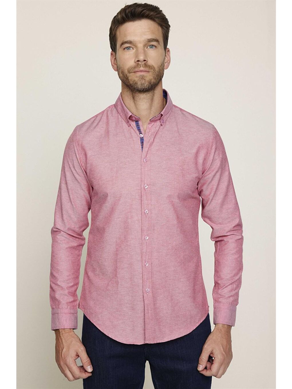 Pembe Slim Fit Düğmeli Yaka Pamuklu Kolay Ütü Düz Erkek Gömlek-1