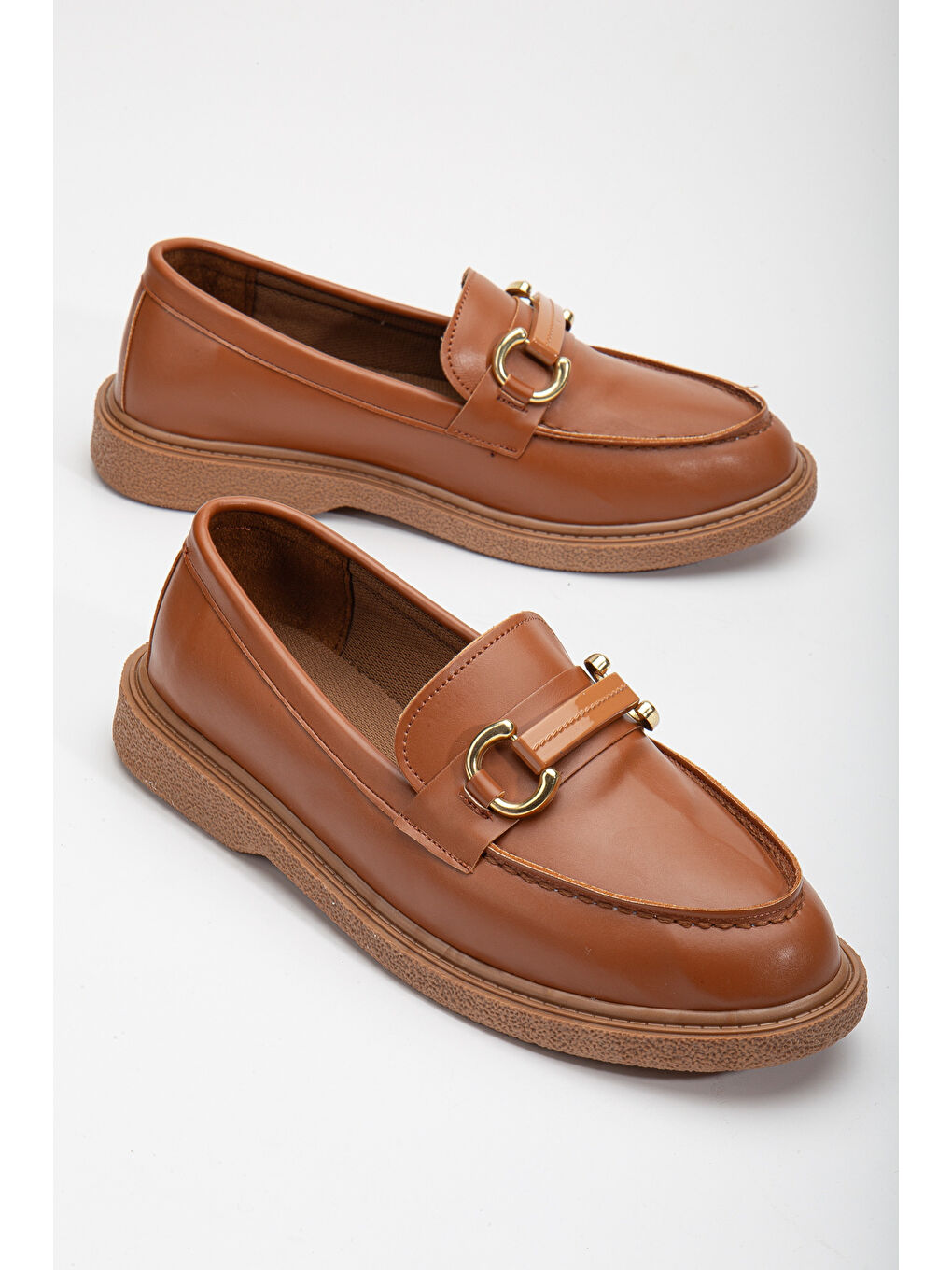 Kahverengi Kadın Taba Cilt Rahat Kalıp Önü Tokalı Günlük Loafer