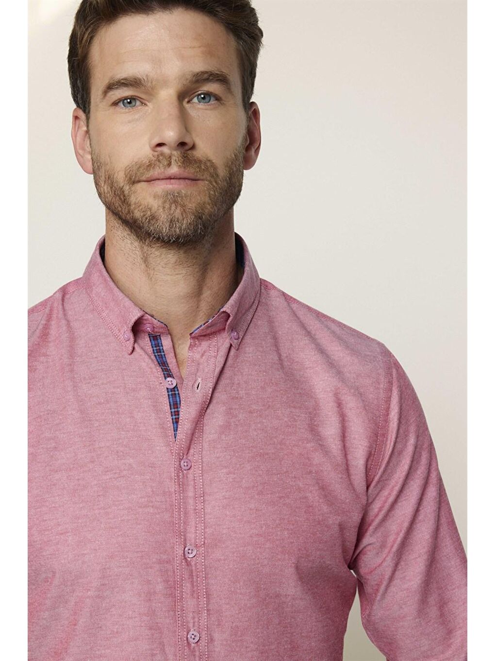 Pembe Slim Fit Düğmeli Yaka Pamuklu Kolay Ütü Düz Erkek Gömlek-2