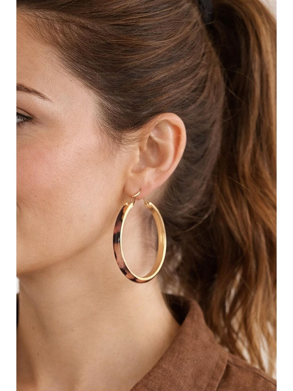 Bej Kaplumbağa Sırtı Desenli 5 cm Halka Küpe-2