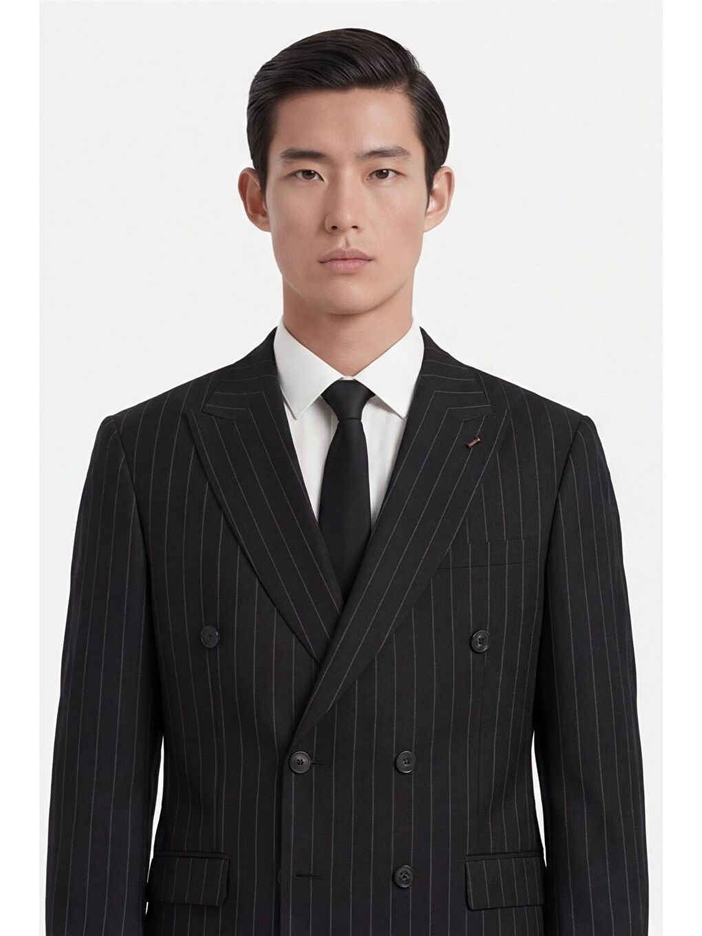 Siyah Slim Fit Sivri Yaka Çizgili Kruvaze Takım Elbise-2