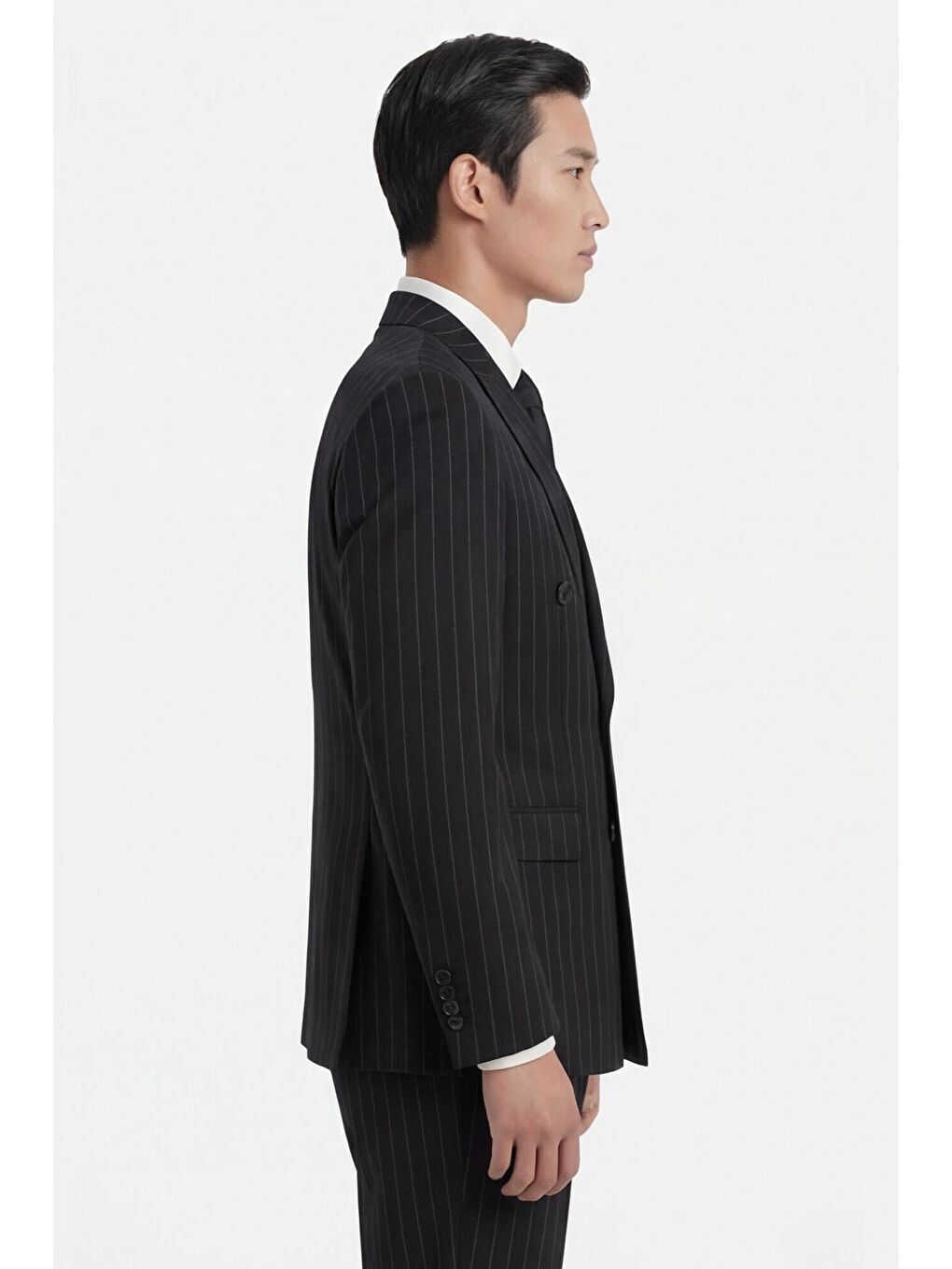 Siyah Slim Fit Sivri Yaka Çizgili Kruvaze Takım Elbise-3