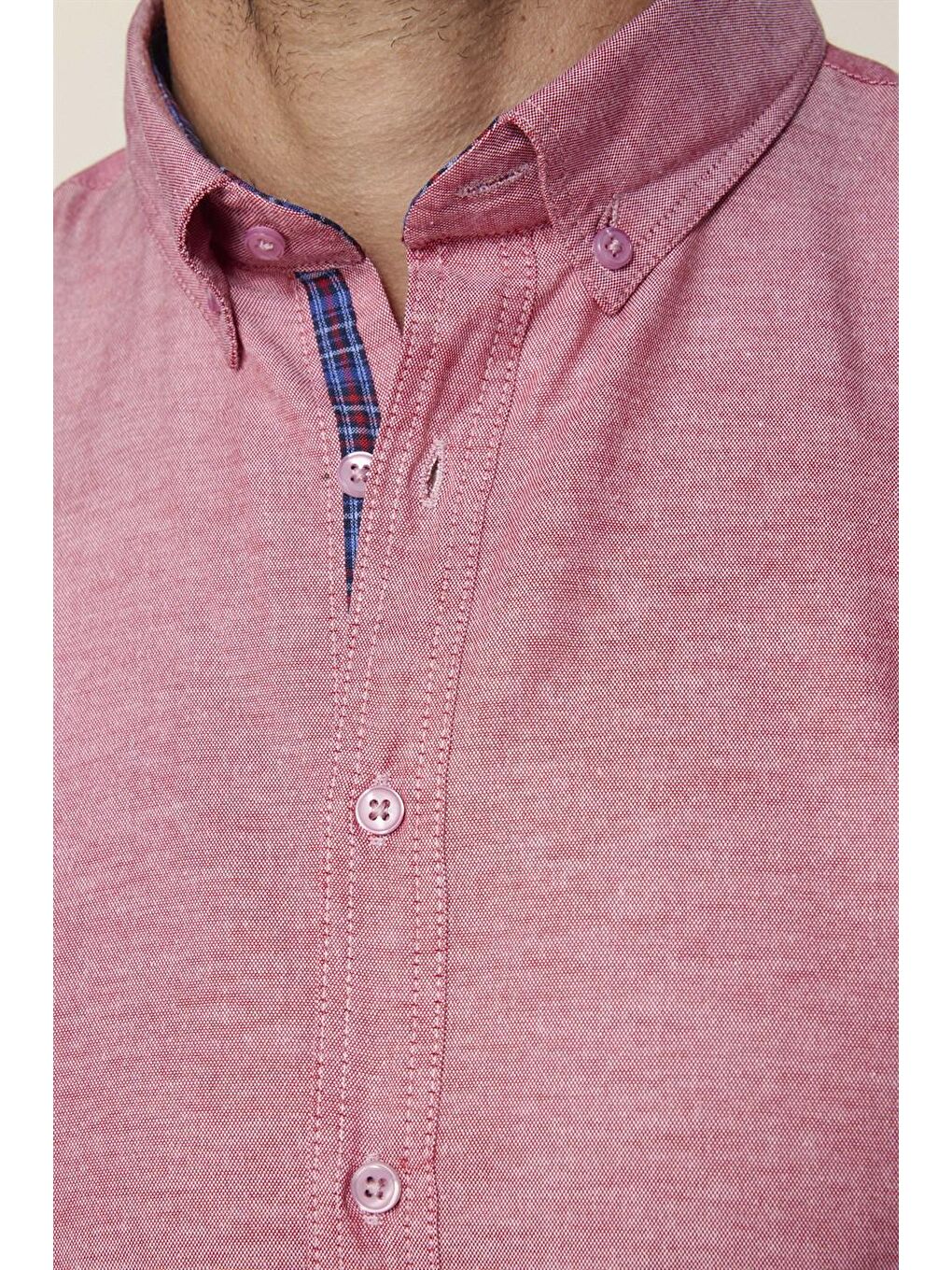 Pembe Slim Fit Düğmeli Yaka Pamuklu Kolay Ütü Düz Erkek Gömlek-3