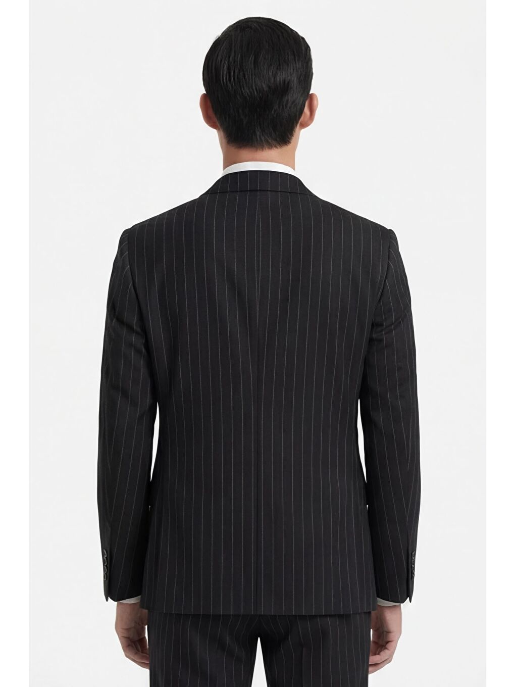 Siyah Slim Fit Sivri Yaka Çizgili Kruvaze Takım Elbise-4