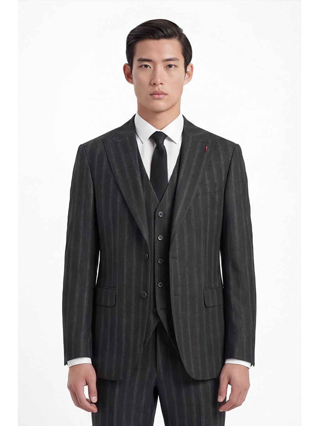 Erkek Viskon Karışımlı 8 Drop Klasik Siyah Yelekli Takım Elbise