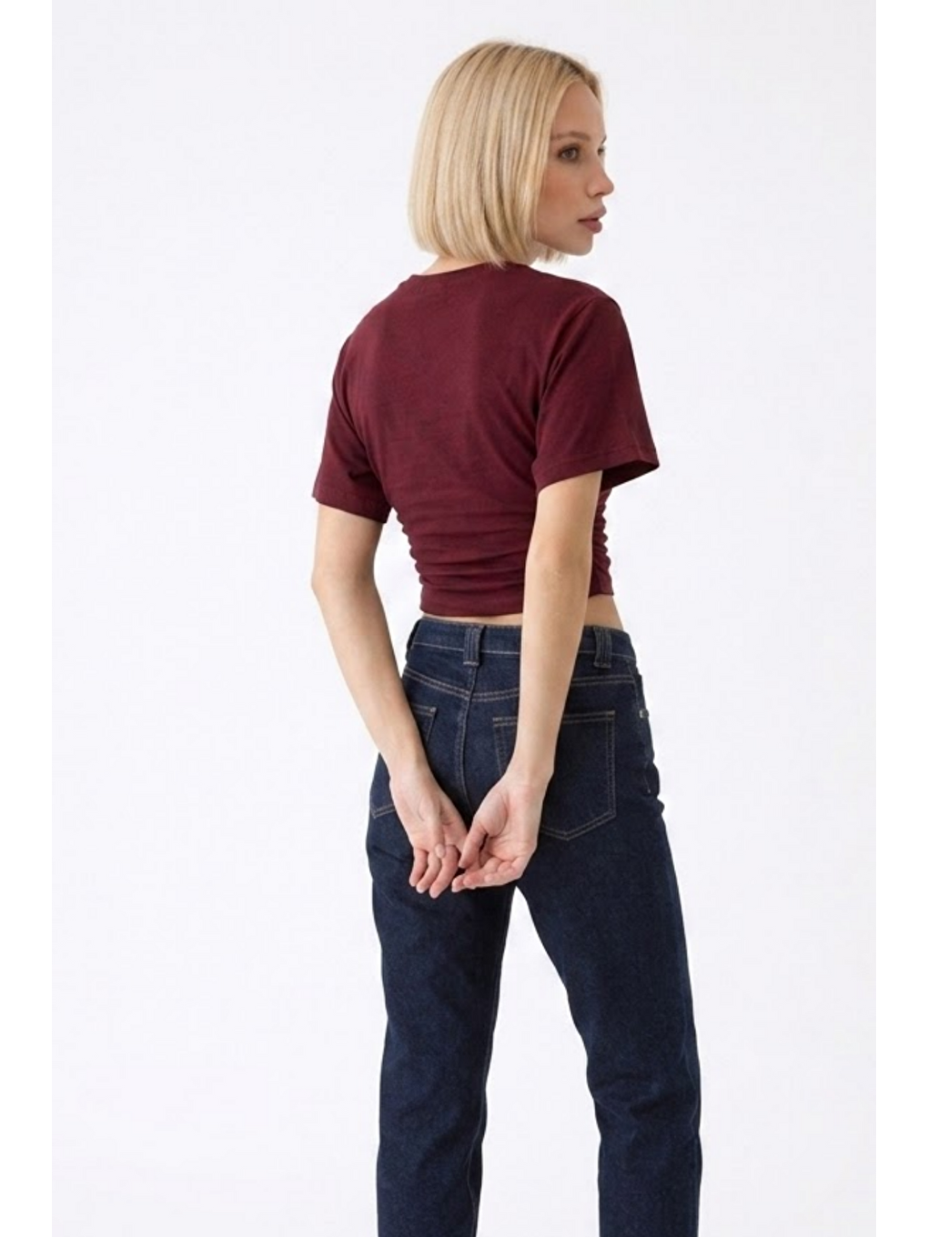 Kadın Fashion Slim Fit Bordo Crop Tişört-1