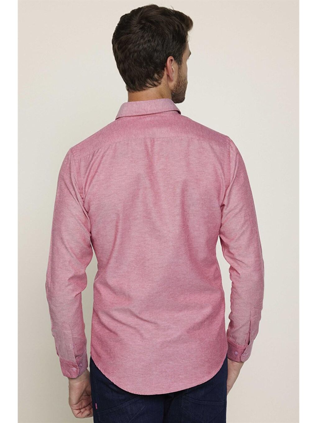 Pembe Slim Fit Düğmeli Yaka Pamuklu Kolay Ütü Düz Erkek Gömlek-4