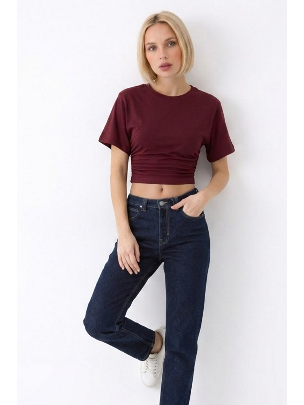 Kadın Fashion Slim Fit Bordo Crop Tişört-2