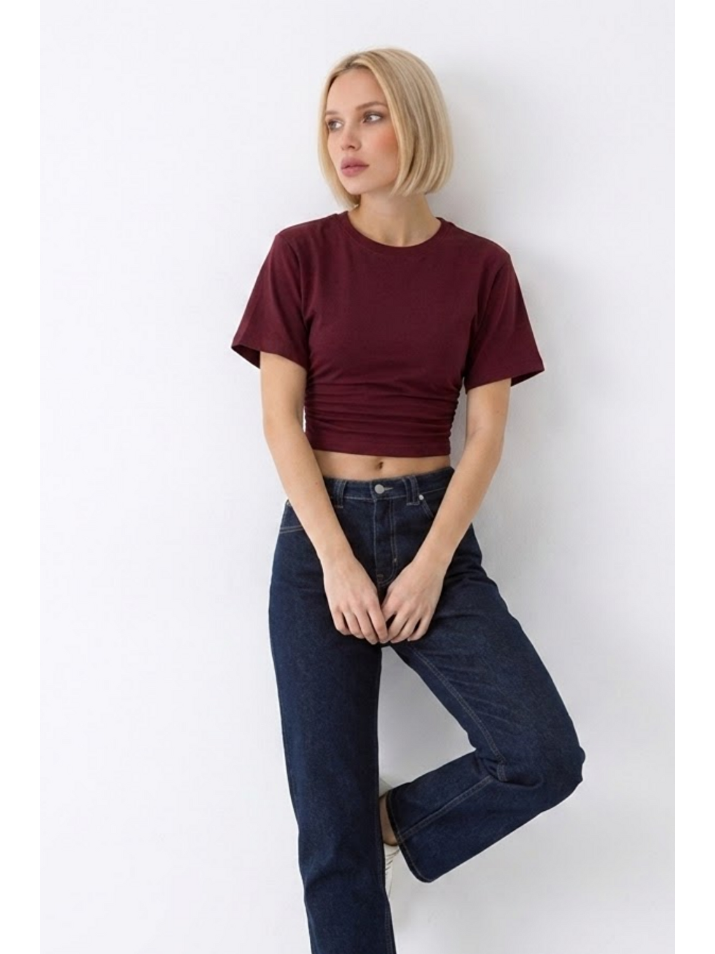 Kadın Fashion Slim Fit Bordo Crop Tişört-3