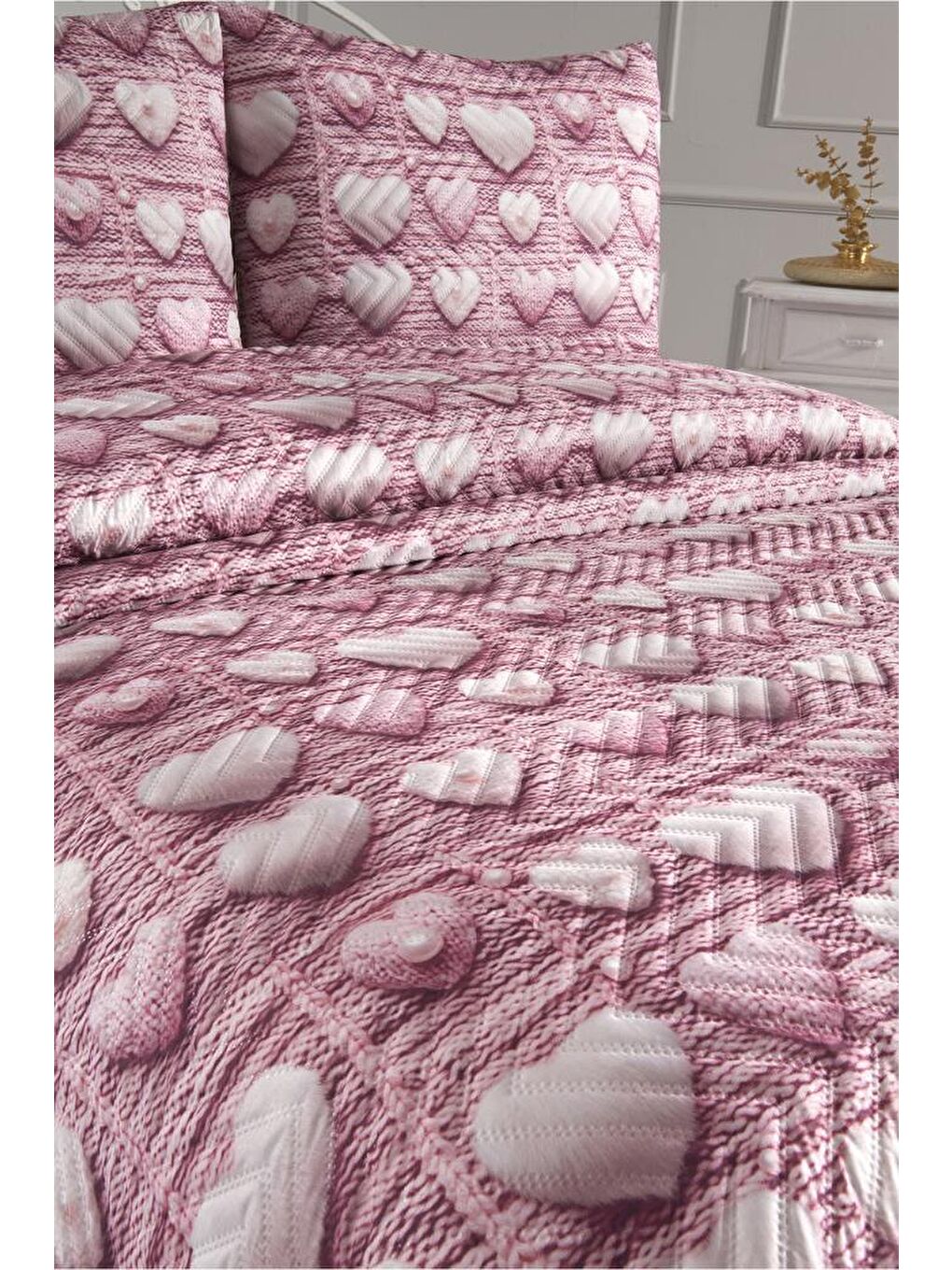 Kalpten Ultrasonik Kapitoneli 5D Baskılı Çift Kişilik Pike Takımı Pembe-2