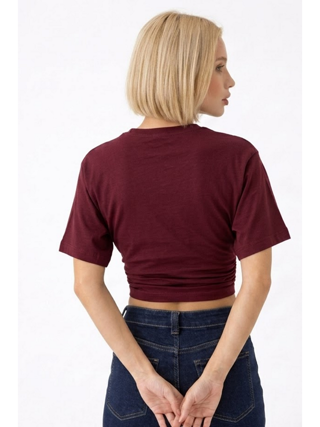 Kadın Fashion Slim Fit Bordo Crop Tişört-4
