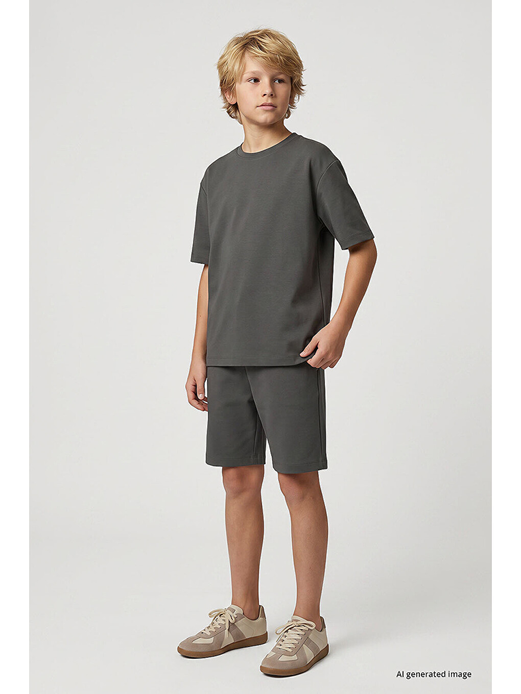 Haki Oversize Fit Basic Erkek Çocuk Şort Takım - 11335