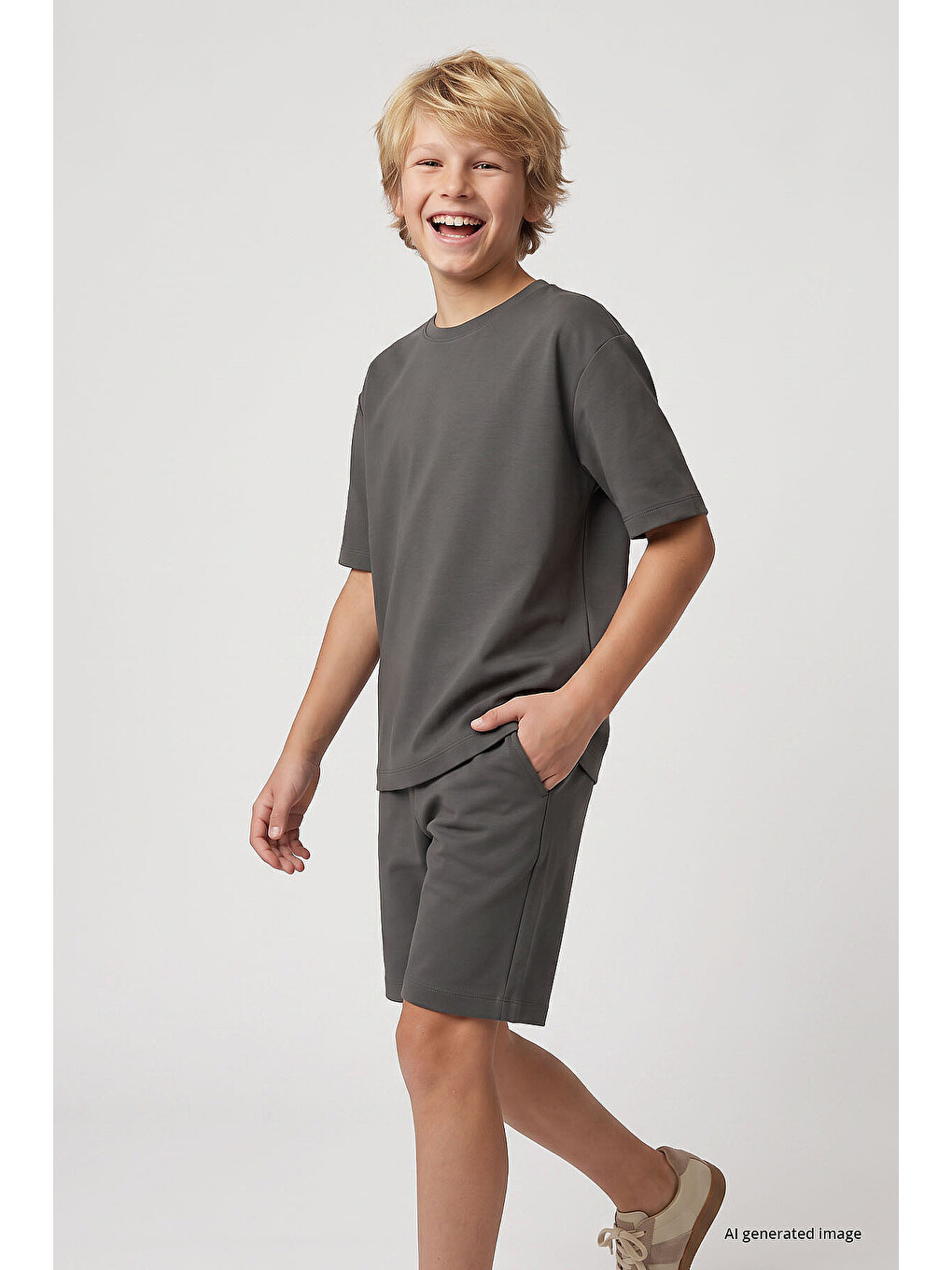 Haki Oversize Fit Basic Erkek Çocuk Şort Takım - 11335-1