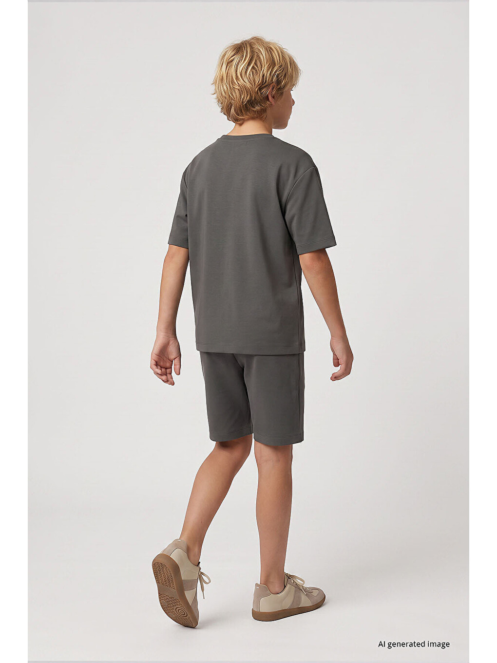 Haki Oversize Fit Basic Erkek Çocuk Şort Takım - 11335-2