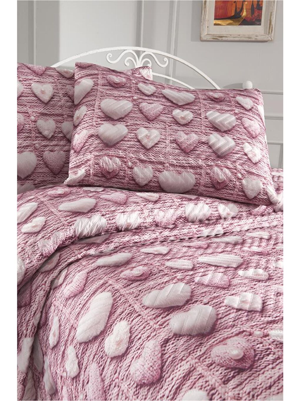 Kalpten Ultrasonik Kapitoneli 5D Baskılı Çift Kişilik Pike Takımı Pembe-3