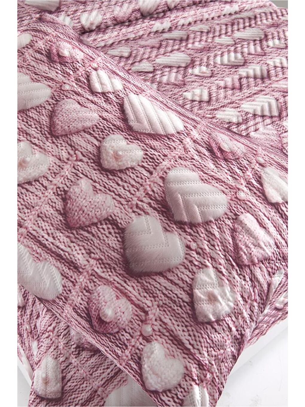 Kalpten Ultrasonik Kapitoneli 5D Baskılı Çift Kişilik Pike Takımı Pembe-4