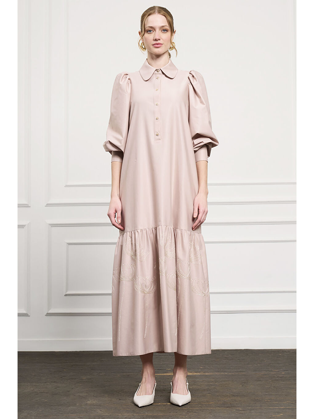 Düğme Detaylı Elbise 2051 Bej-1