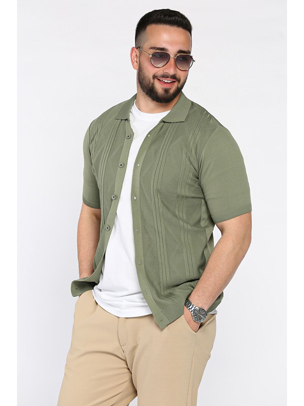 Haki Erkek Desenli Kısa Kol Triko Gömlek