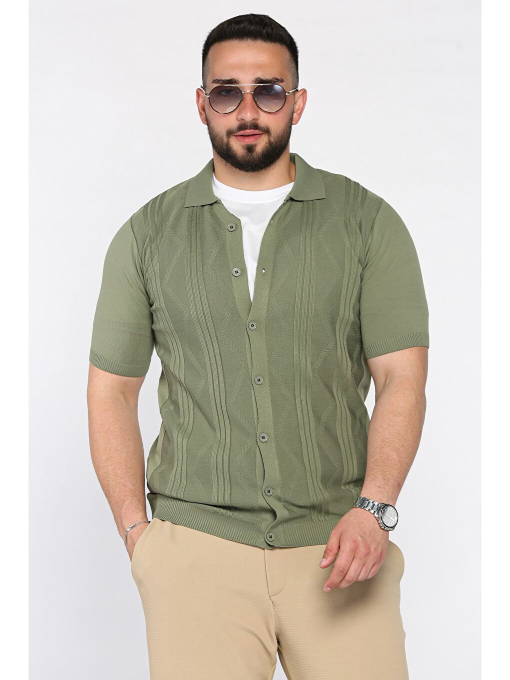 Haki Erkek Desenli Kısa Kol Triko Gömlek-1