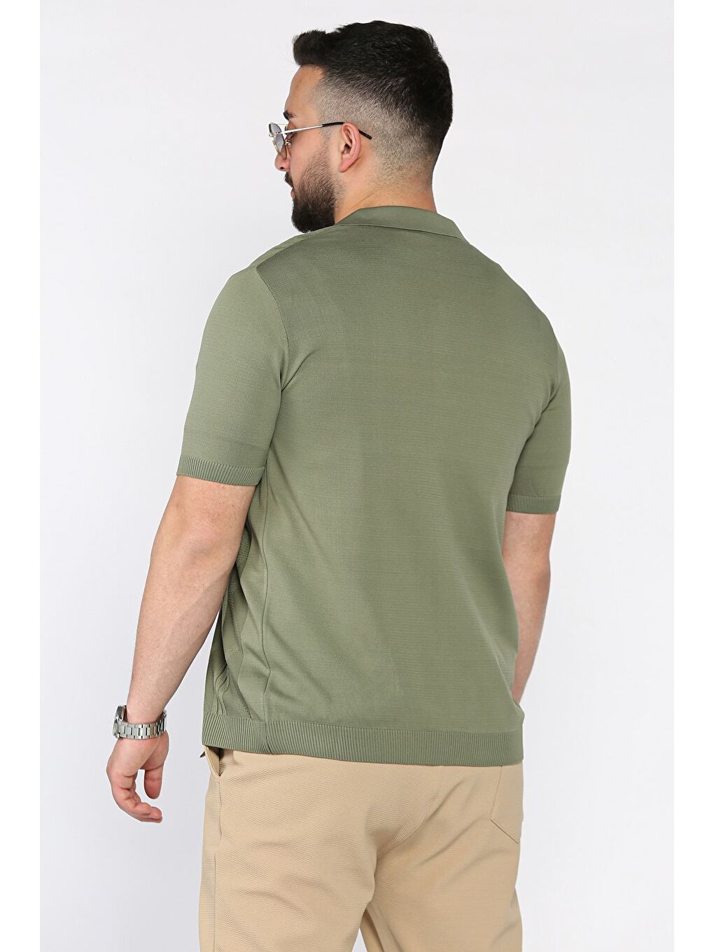 Haki Erkek Desenli Kısa Kol Triko Gömlek-2