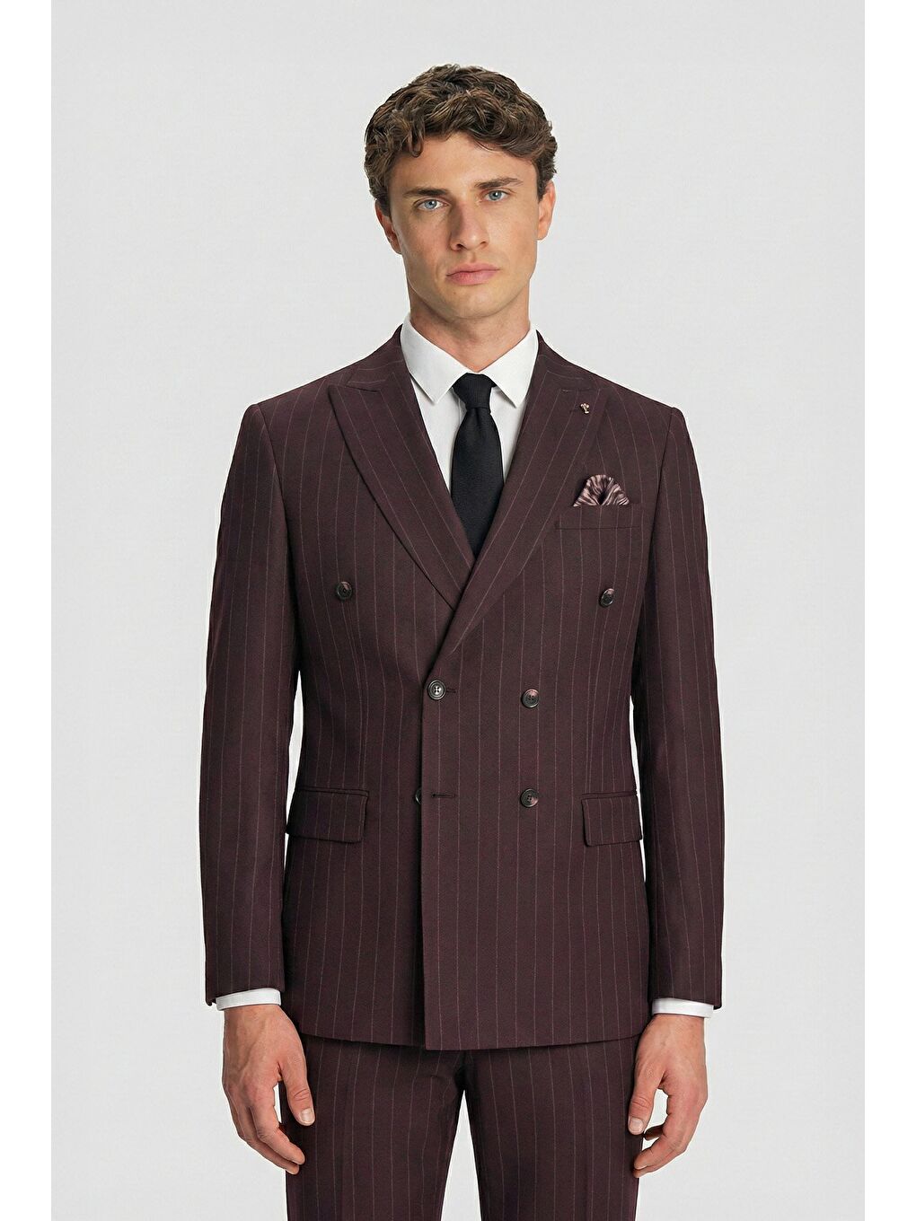 Giotelli Bordo Slim Fit Çizgili Sivri Yaka Kruvaze 6 Drop Tam Astarlı Erkek Takım Elbise