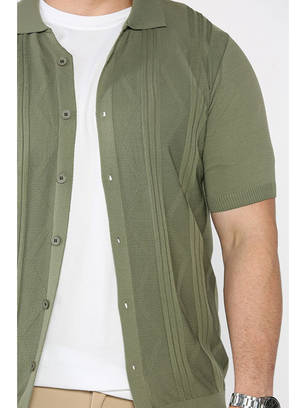 Haki Erkek Desenli Kısa Kol Triko Gömlek-3