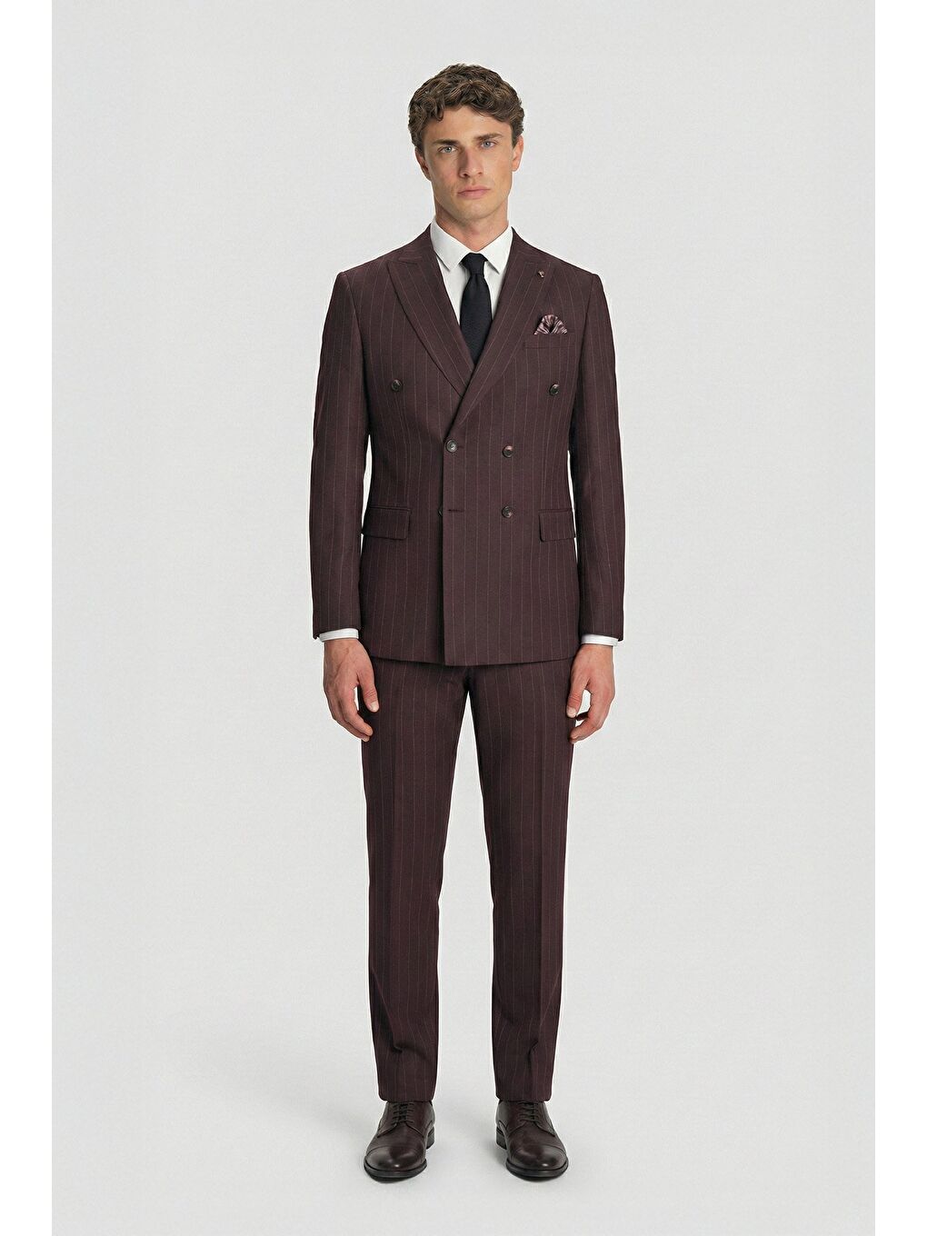 Giotelli Bordo Slim Fit Çizgili Sivri Yaka Kruvaze 6 Drop Tam Astarlı Erkek Takım Elbise-1