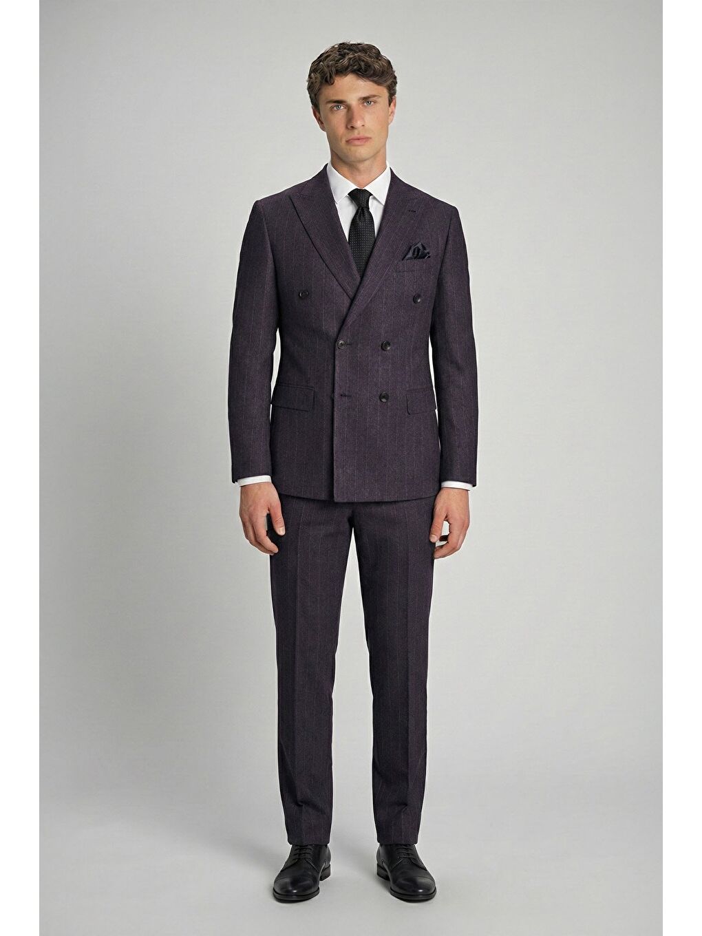 Giotelli Bordo Slim Fit Çizgili Sivri Yaka 6 Drop Duble Paça Tam Astarlı Erkek Takım Elbise Rm-1