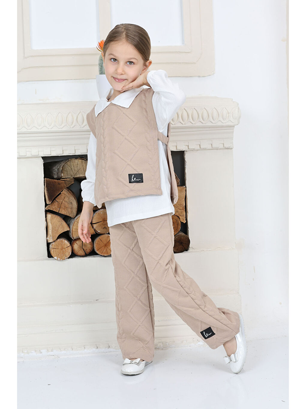Kız Çocuk Bej Kız Çocuk Gömlek Yaka Dokulu Alt Üst Takım Takım - 26813