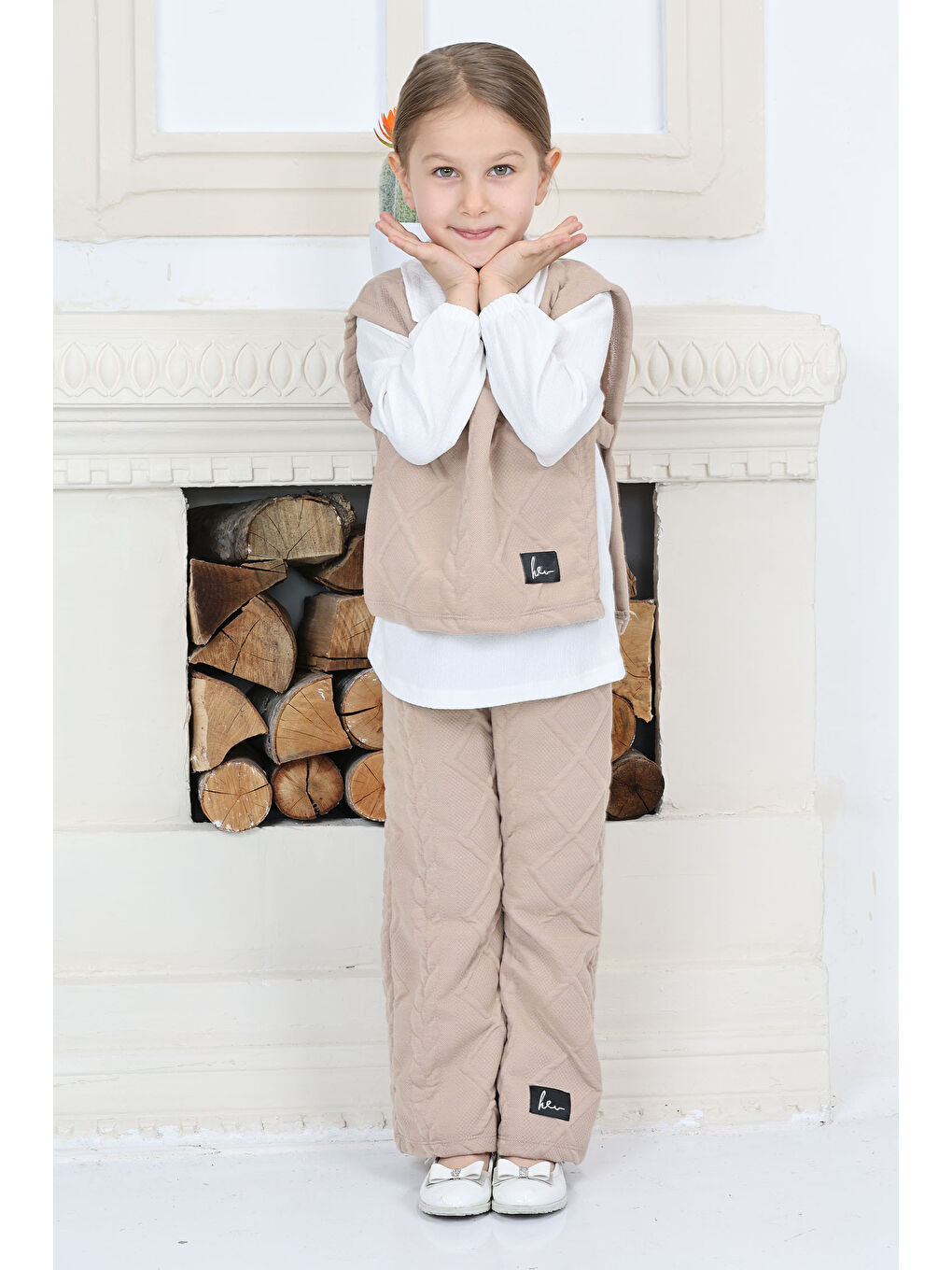 Kız Çocuk Bej Kız Çocuk Gömlek Yaka Dokulu Alt Üst Takım Takım - 26813-2