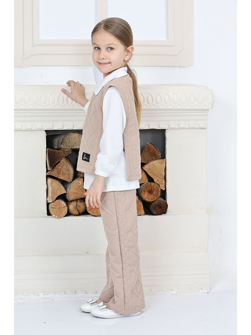 Kız Çocuk Bej Kız Çocuk Gömlek Yaka Dokulu Alt Üst Takım Takım - 26813-3
